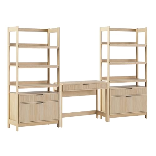 Walker Edison Transitional 3-Piece Writing Desk with 2 Wide Bookcases, Reeded Drawer Fronts, Set of 3, Coastal Oak