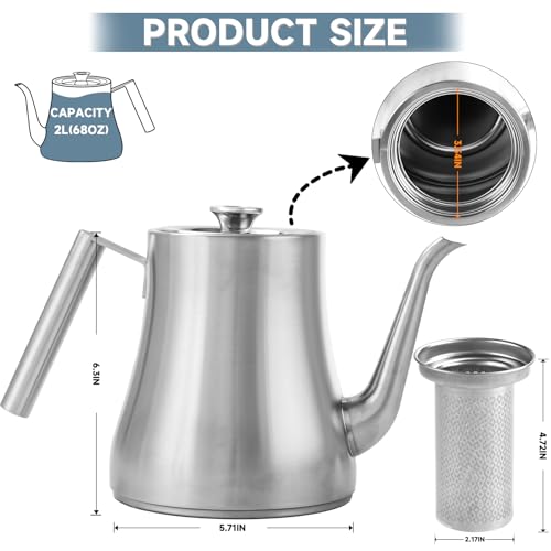 Gurudar 68Oz/2000Ml Stainless Steel Teapot With Removable Infuser, Stovetop & Dishwasher Safe Tea Maker Water Kettle For Loose Leaf & Tea Bags thumb #3