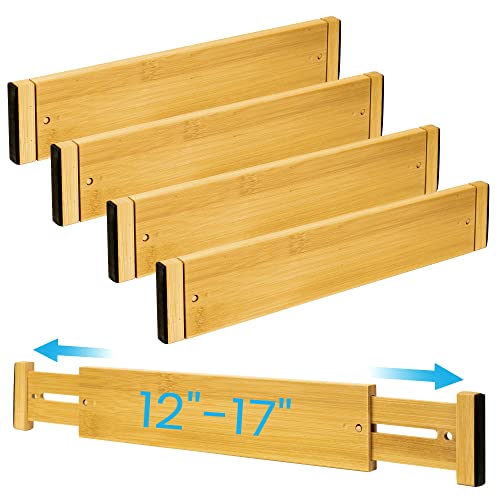 romise Adjustable Bamboo Drawer Dividers 12 - 17 , 4 Pack Expandable Kitchen Drawer Organizer Separators for Kitchen Utensils Bathroom Bedroom Dressers Clothes Organization