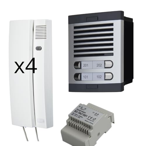 Portero Automático con Sistema de analogico 4+n, para comunidades Completo :Placa Calle,telefonillos Caja de empotrar y Fuente de alimentacion. gran calidad de fabricacio 4 viviendas)