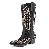 Athlefit Women's Square Toe Cowboy Cowgirl Boots Low Chunky Heel Embroidery Western Mid Calf Boots for Country Concerts, Black, Size 6.5, AD00754