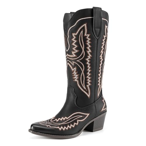 Athlefit Women's Square Toe Cowboy Cowgirl Boots Low Chunky Heel Embroidery Western Mid Calf Boots for Country Concerts, Black, Size 6.5, AD00754