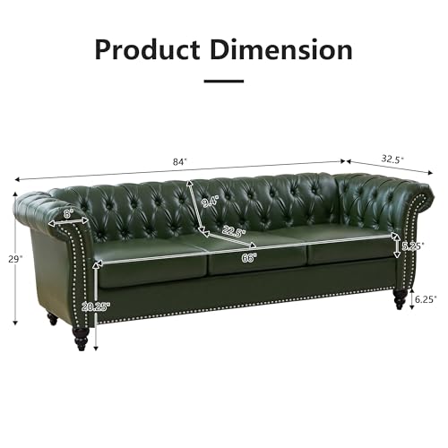 Image of QHITTY Accent Large Sofa, Chesterfield Couch 3 Seater Modern Leather Couch Upholstered Sofa with Tufted Back for Living Room Furniture (Green)