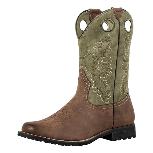 J's.o.l.e Western Mens Cowboy Boots Round Toe Work Boot Slip On Pu Leather Embroidered Casual Dress Boots Brown