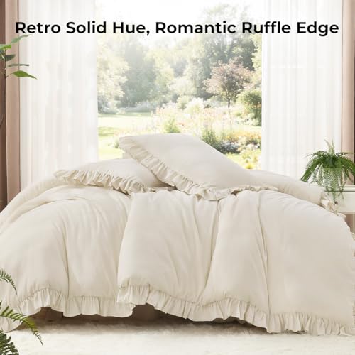 Image of Litanika Comforter Full Size Set Beige, 3 Pieces Ruffle Lightweight Bedding Comforter Set, Fluffy Bed Set (79x90In Comforter, 2 Pillowcases)