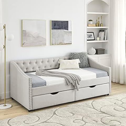SmartDer Wood Twin Daybed Frame with 2 Storage Drawers, Upholstered with Button and Nailhead Design for Bedroom Guest Room, No Box Spring Needed, Beige Cover