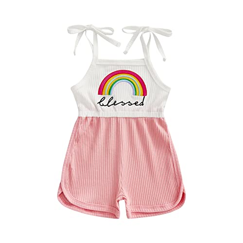 Infant Baby Girls Casual Romper Sleeveless Rainbow Print Ribbed Patchwork Summer Clothes