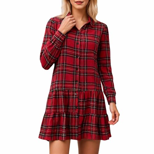Duohropke Weihnachts Kleid Damen Lässiges Karokleid in Großen Größen mit Verstellbarem Bindegürtel Langarm Karierte Hemdkleider Mit Taschen...