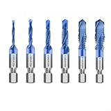 GLFLOW HSS-Bohrer-Set, 6-teiliges HSS-Bohrer- und Gewindebohrer-Set mit blauer Beschichtung, metrisches Gewinde für Holzbearbeitung, 6,35 mm Sechskantschaft für Elektrowerkzeuge