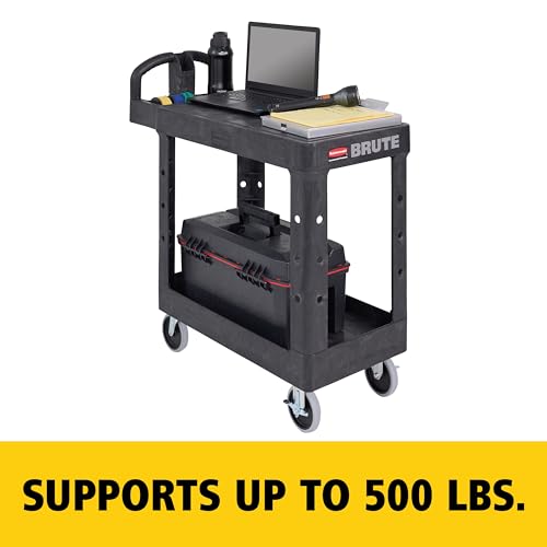 Image of Rubbermaid Commercial Products Heavy Duty 2-Shelf Utility /Service Cart, Small, Flat Shelves, Ergonomic Handle, 500 lbs. Capacity, for Warehouse /Garage /Cleaning /Maintenance