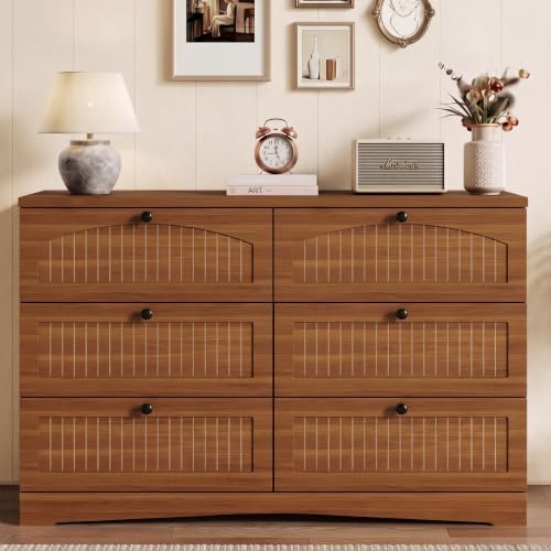 Fluted 6 Drawer Dresser, Wooden Chest of Drawers for Bedroom, Walnut