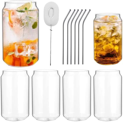 Drinking Glasses Set,Can Shaped Glass Cups,Beer Tumbler,Set of 6,16 OZ Beer Can Glasses with Straws,Classic Pint Glasses for Iced Tea,Cocktail,Coffee,Wine and Water.