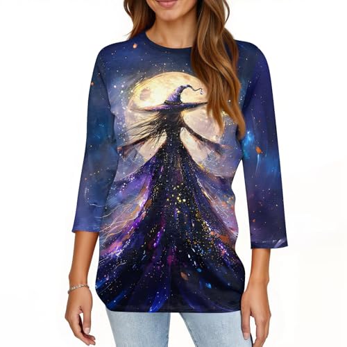Halloween Shirts for Women 3/4 Sleeve Plus Size Crewneck Loose Fit Cute T Shirt Halloween Costumes for Women 2025
