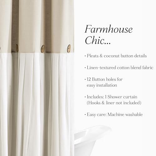 Image of Lush Decor Linen Button Shower Curtain, 72 inch W x 72 inch L, Linen - Neural Shower Curtain Fabric - Bathroom Curtain - Farmhouse Bathroom Decor