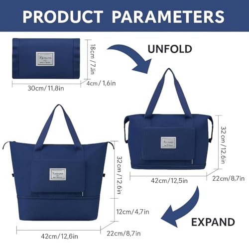 Image of Large Capacity Folding Travel Tote Bag, Oxford Fabric Waterproof Lightweight Foldable Travel Duffel Bag, Portable Expandable Travel Bag, Dry and Wet Separation Carry On Bag for Airplanes (Dark Blue)