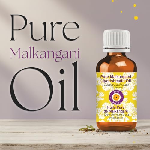 Deve Herbes Pure Malkangani (Jyotishmati) Oil (Celastrus paniculatus) with Glass Dropper | Cold Pressed | Brain & Memory Support | Natural | Undiluted | For Diluting Essential Oils | Skin & Massage | Unisex | 15ml
