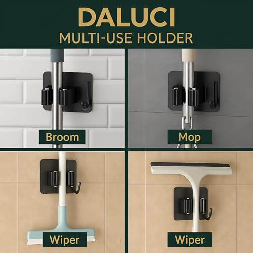 Image of DALUCI Adhesive Broom Holder Wall Mounted - Stainless Steel Mop Holder for Wall Without Drilling | Waterproof & Rustproof Broom Stick Holder Hook for Home, Bathroom & Kitchen (Black, 3 Pcs)