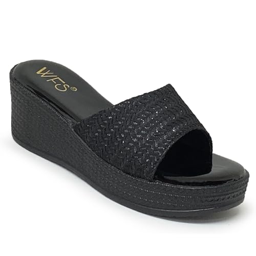 Image of WFS Women's Black 2.5 Inch Wedge Heel Slip-On Fashion Sandals - Shimmer Finish