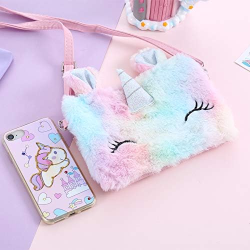 Women Girls Kids Fluffy Fuzzy Unicorn Bag Plush Tie Dye Rainbow Crossbody Purse - Image 3