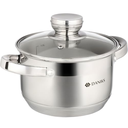 Daniks Standard Edelstahl Kochtopf Induktion mit Glasdeckel, 16 cm, 2 Liter, Suppentopf/Nudeltopf/Pastatopf, Silber