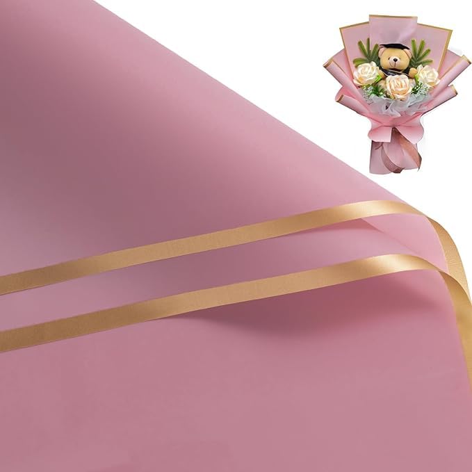 Image of Zarwani - 30 Sheets Korean Style Waterproof Pink Bouquet Wrapping Paper (58cm x 58cm, 60 Microns) | Golden Border Design, Giftwrap for Flowers & Christmas Gift Wrapping Paper (30, Gold Border Pink)