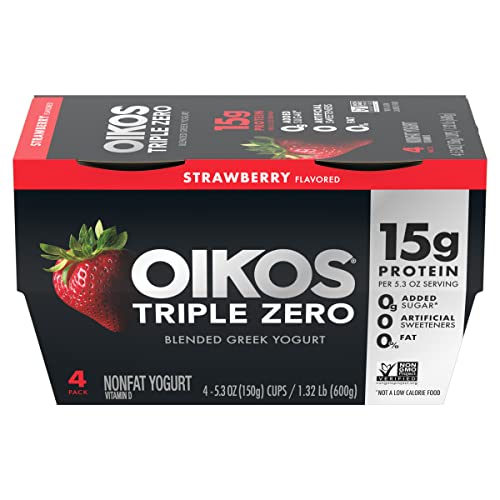 Oikos Triple Zero Strawberry Nonfat Greek Yogurt Pack, 0% Fat, 0G Added Sugar And 0 Artificial Sweeteners, Just Delicious High Protein Yogurt, 4 Ct, 5.3 Oz Cups #TOP1