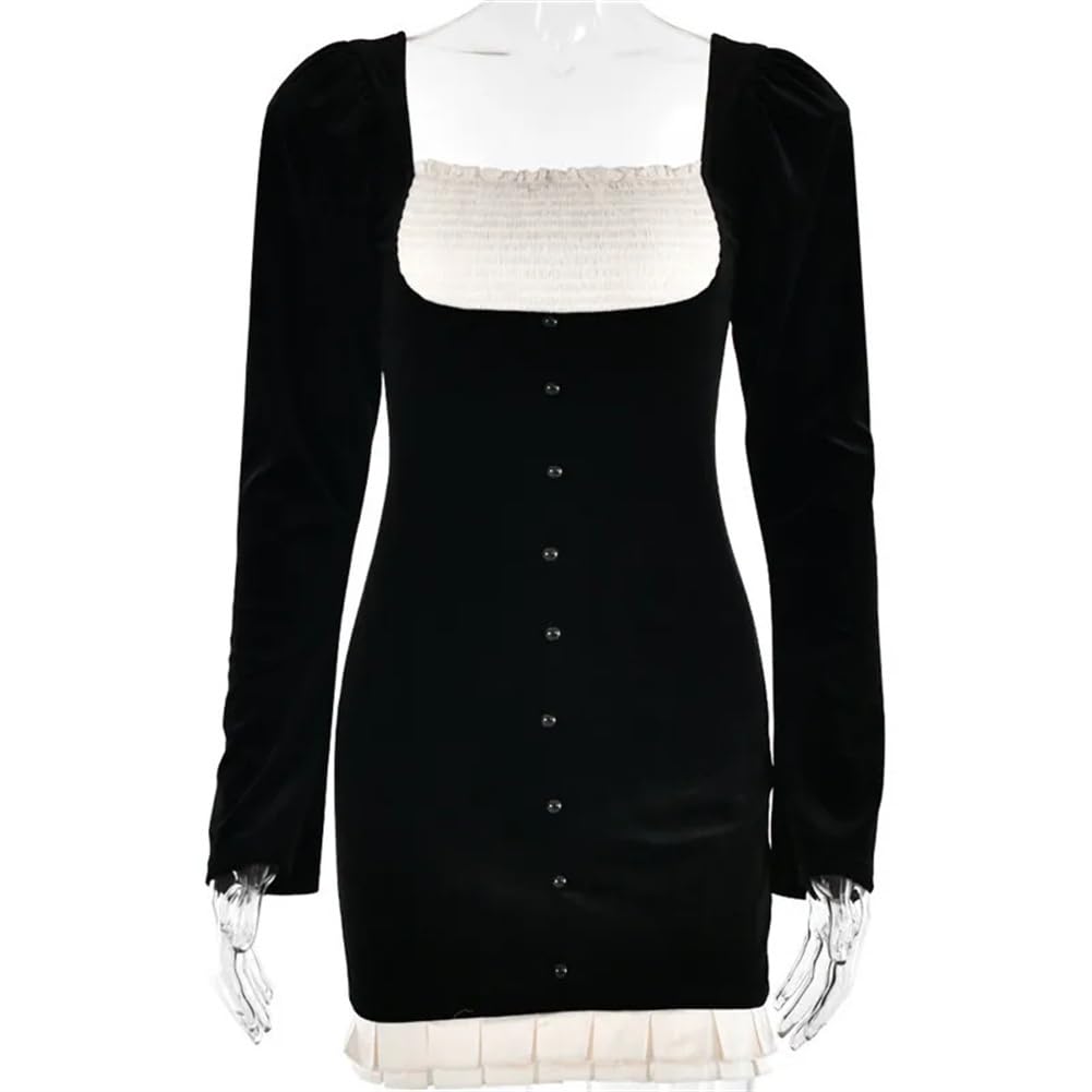 Niiyyjj Mini vestido de manga larga con espalda descubierta patchwork cuello cuadrado corto ajustado vestidos de fiesta club