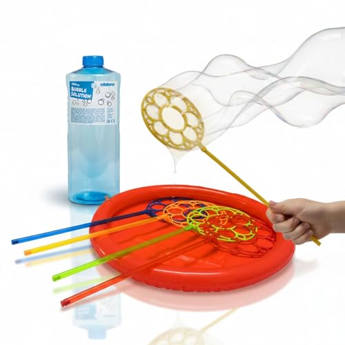 alldoro 60646 Riesen-Seifenblasen Set mit 4 Blasringen, inkl. aufblasbarem Becken Ø 48 cm & 1000 ml Flüssigkeit