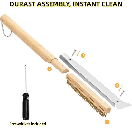 ZUMVIVIN® Pizzaofen Bürste mit Stahlschaber und Messingborsten, Holzgriff Ofenbürste für Pizzaofen Gasgrill Pizzasteinbürste, 56cm