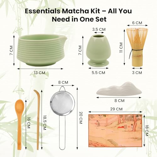 Matcha Whisk Set for Tea Lovers: GEEKHOM 8Pcs Ceramic Matcha Tea Set with Bamboo Whisk, Bowl, Scoop & Holder - Gift for Starter Friend Family Traditional Japanese Tea Ceremony and Breakfast