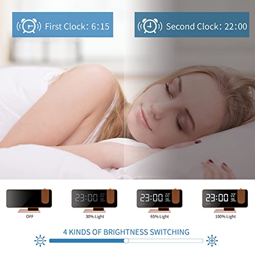 Ftoyin Projection Alarm Clock For Bedroom Digital Alarm Projector Clock With Led Screen, 7.5'' Fm Radio Loud Clock With Led Screen, Temperature & Humidity Display (Rose Gold) #TOP2