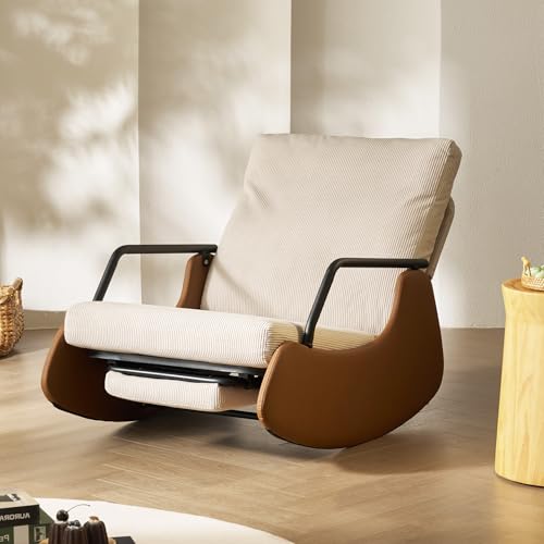 Image of WoodWise Nursery Rocking Chair with Adjustable Backrest & Footrest, Soft Fabric Upholstered Small Glider Rocker, Modern Living Room Armchair, Bedroom Chair, Brown Faux Leather, Beige Corduroy