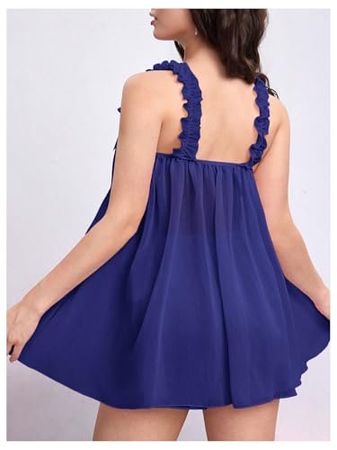 Image of MakeMeChic Women's 2 Piece Lingerie Mesh Cute Valentine Pajama Set Ruffle Bow See Through Vintage Nightgown Sleepwear