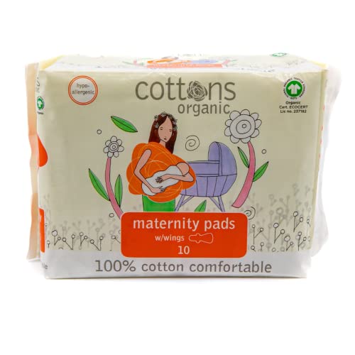 Cottons Maternity Pads With Wings, 10-Individually Wrapped, Unscented, Chlorine Free, Certified Organic Cotton Coversheet - Heavy Absorbency (Single Pack) #TOP2