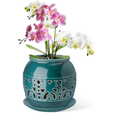 EFISPSS 6 Inch Orchid Pots with Holes, Ceramic Orchid Pots with Drainage Holes and Tray, Flower Pots Promoting Air Circulation and Drainage, Indoor/Outdoor Orchid Pot - Peacock Blue Cover