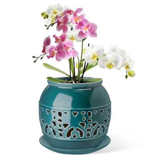 EFISPSS 6 Inch Orchid Pots with Holes, Ceramic Orchid Pots with Drainage Holes and Tray, Flower Pots Promoting Air Circulation and Drainage, Indoor/Outdoor Orchid Pot - Peacock Blue