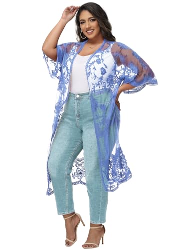 Image of Anna-Kaci Women's Plus Size Lace Cardigan Embroidered Long Kimono Dusters with Half Sleeves