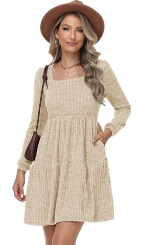 TrendiMax Women's Long Sleeve Ribbed Knit A-line Dress Square Neck Mini Casual Swing Sweater Dresses Apricot