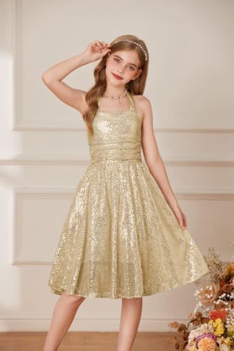 GRACE KARIN Girls Gold Sequin Dress Tween Wedding Party Flower Girl Gown 12 — view 3