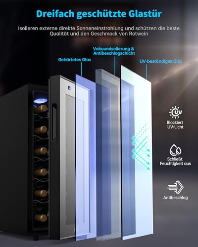 Foto von WIE Weinkühlschrank 1 Zonen 33 Liter 12 Flaschen Getränkekühlschrank Weinschrank Klein Wein-Kühlschrank Mini mit Glastür Vollglas-Designtür mit LED Touchpanel Anti-UV Wine Fridge