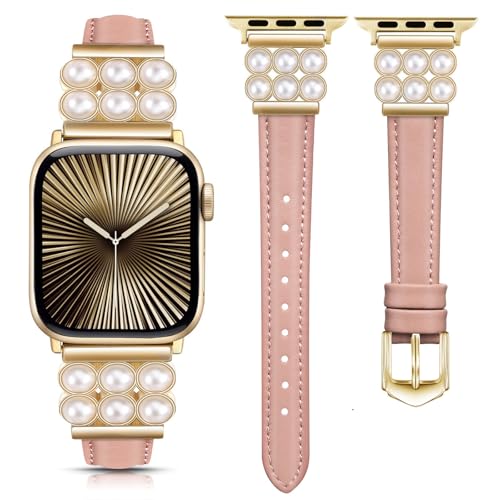 DEALELE Bands Compatible with Apple Watch 49mm 46mm 45mm 44mm 42mm, Soft Leather Shiny Pearls Strap for iWatch Series 11/10 / 9/8 / 7/6 / 5/4 / 3 / SE/Ultra for Women Men, Pink-gold