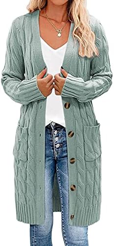 SAXTZDS Womens Long Sleeve Cable Knit Long Cardigan Open Front Button Sweater Outerwear, Armygreen, S