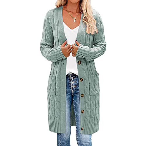 Earnmore Cárdigan Largo de Punto Trenzado de Manga Larga para Mujer, suéter de botón Frontal Abierto, Ropa de Abrigo, Verde Claro, Talla S