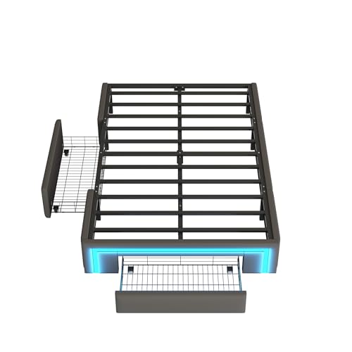 Dolamaní Polsterbett Bettgestell 90x200 cm ohne Kopfteil, PU-Leder Bett Mit LED und Schubladen, Metall Lattenrost Moderne Schlafzimmer Einzelbett (Grau) – Bild 8