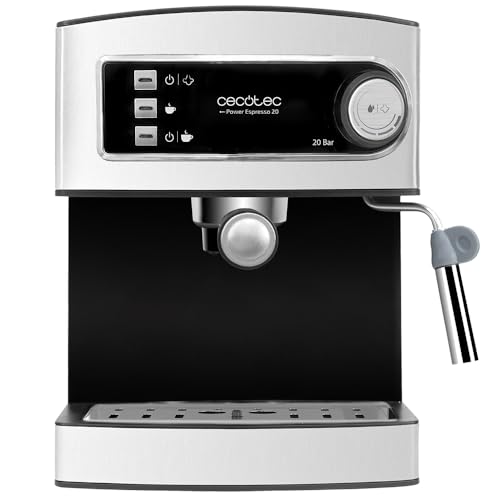 Cecotec Cafetière Expresso Power Espresso. Machine À Expresso 20 Bars, 850W. Mousseur Réglable Pour Lait Et Infusions, Double Bras Pour 1 Ou 2 Cafés. Réservoir 1,5L, Chauffe-Tasses, Sécurité Intégrée