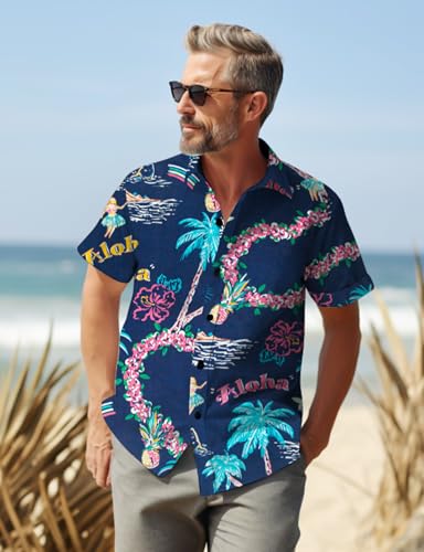 Image of Yoimira Hawaiian Shirts for Men, Print Mens Casual Short Sleeve Button Down Shirts Floral Aloha Beach Shirt
