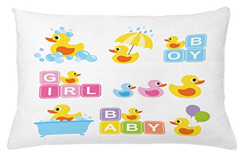 Lunarable Duckies Throw Pillow Cushion Cover, Cartoon Rubber Ducks Pattern with Print Rubber Ducklings Composition Design, Decorative Square Accent Pillow Case, 26