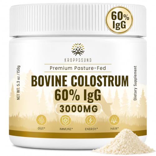 Kroppssund Bovine Colostrum Powder Supplement 3000 mg - Extra High 60% IgG Bovine Colostrum - Gut, Bone, Exercise, Immune - 50 Servings (1 Bottle)