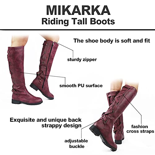 mikarka Back Strappy Knee High Boots Women, Zipper Low Chunky Heel Womens Boots Winter Motorcycle Riding Tall Boots Flats Shoes3