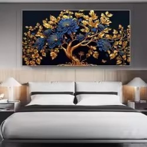 Peinture murale arbre à argent et fleurs dorées 65x130 cm sans cadre pour salon